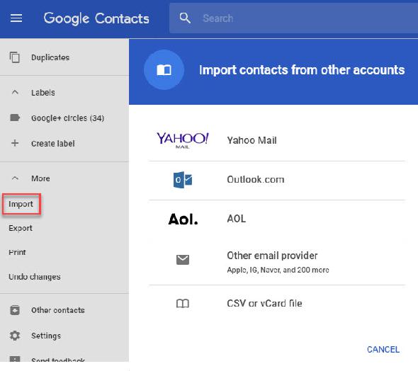 Importation de contacts Google