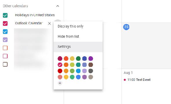 Vue importée Google Calendar Outlook