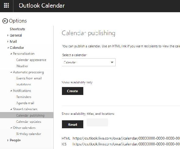 Publication du calendrier Outlook