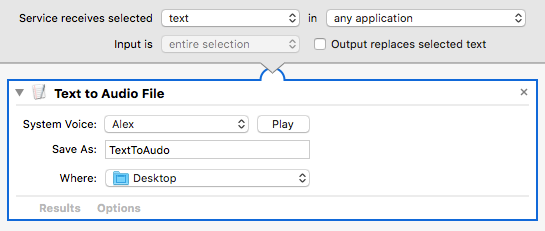 Service dans Automator sur Mac pour convertir du texte en fichier audio