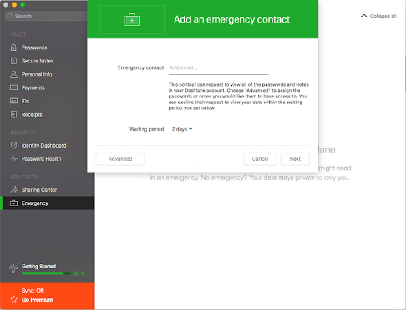 Contacts d'urgence sur Dashlane