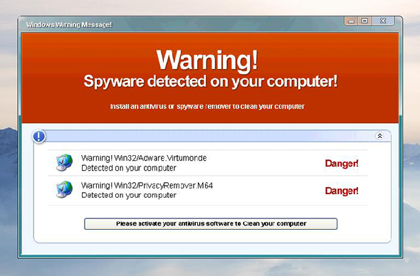 Fake spyware message d'avertissement