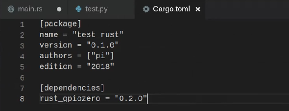 Ajout de la caisse Rust GPIO Zero au fichier Cargo.toml