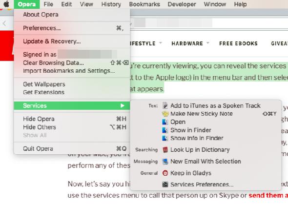 Menu des services dans Opera sur macOS