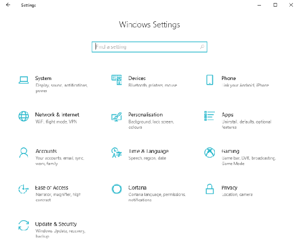 Écran Windows 10 Settings