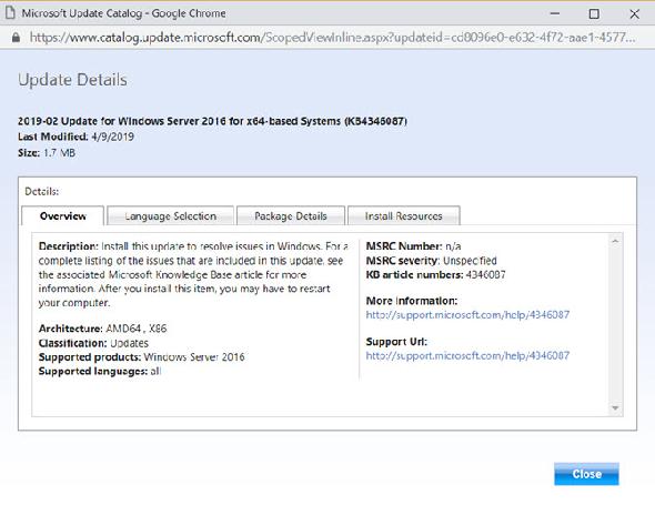 Écran Détails du catalogue Windows Update