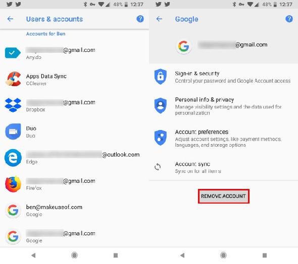 Supprimer le compte Google Android