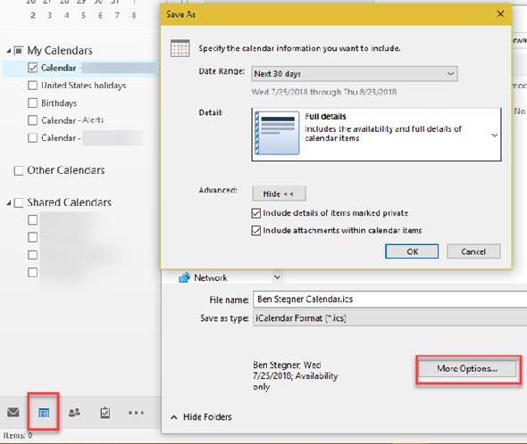 Options du calendrier d'exportation Outlook