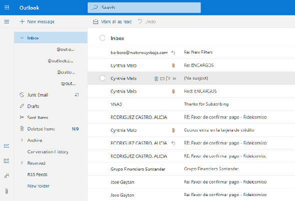 Page d'accueil de l'application Web Outlook