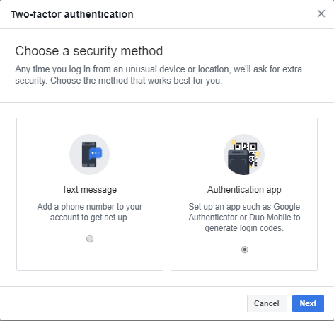 options de validation 2fa de facebook