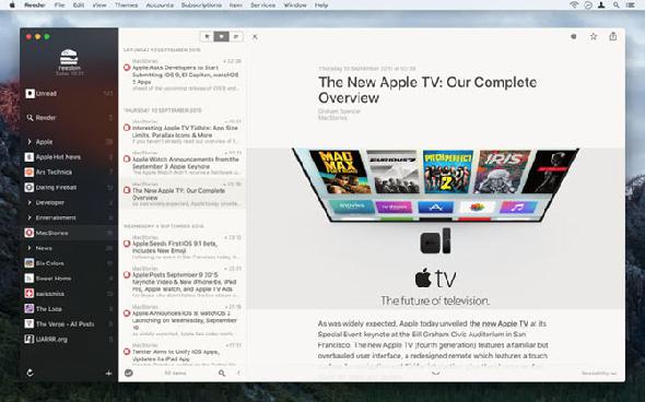 Interface de lecteur RSS Reeder sur Mac