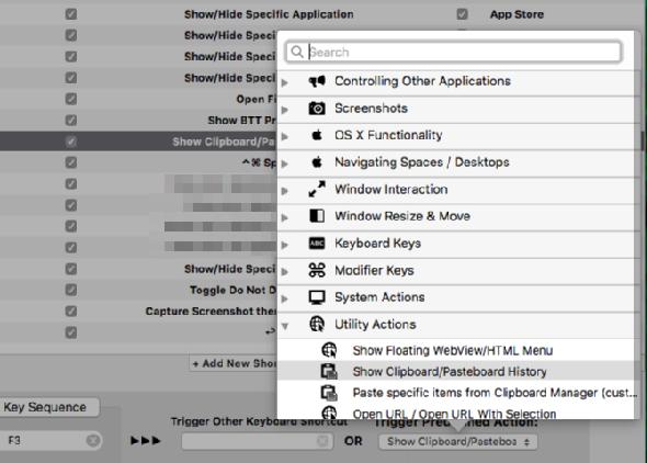 Liste des actions prédéfinies dans BetterTouchTool sous macOS