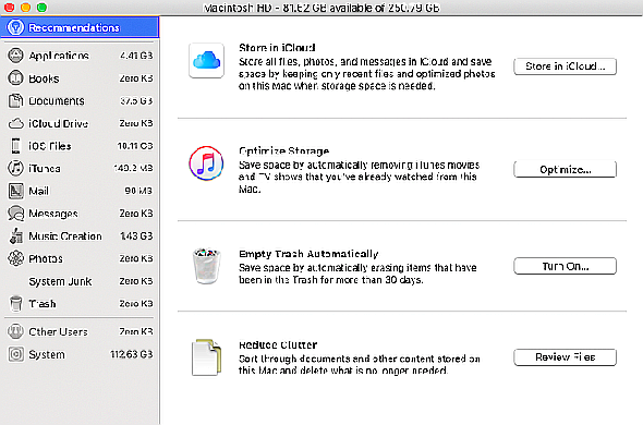 Les recommandations macOS pour libérer du stockage